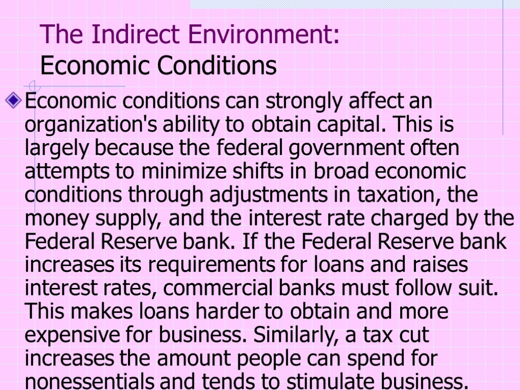 The Indirect Environment: Economic Conditions Economic conditions can strongly affect an organization's ability to